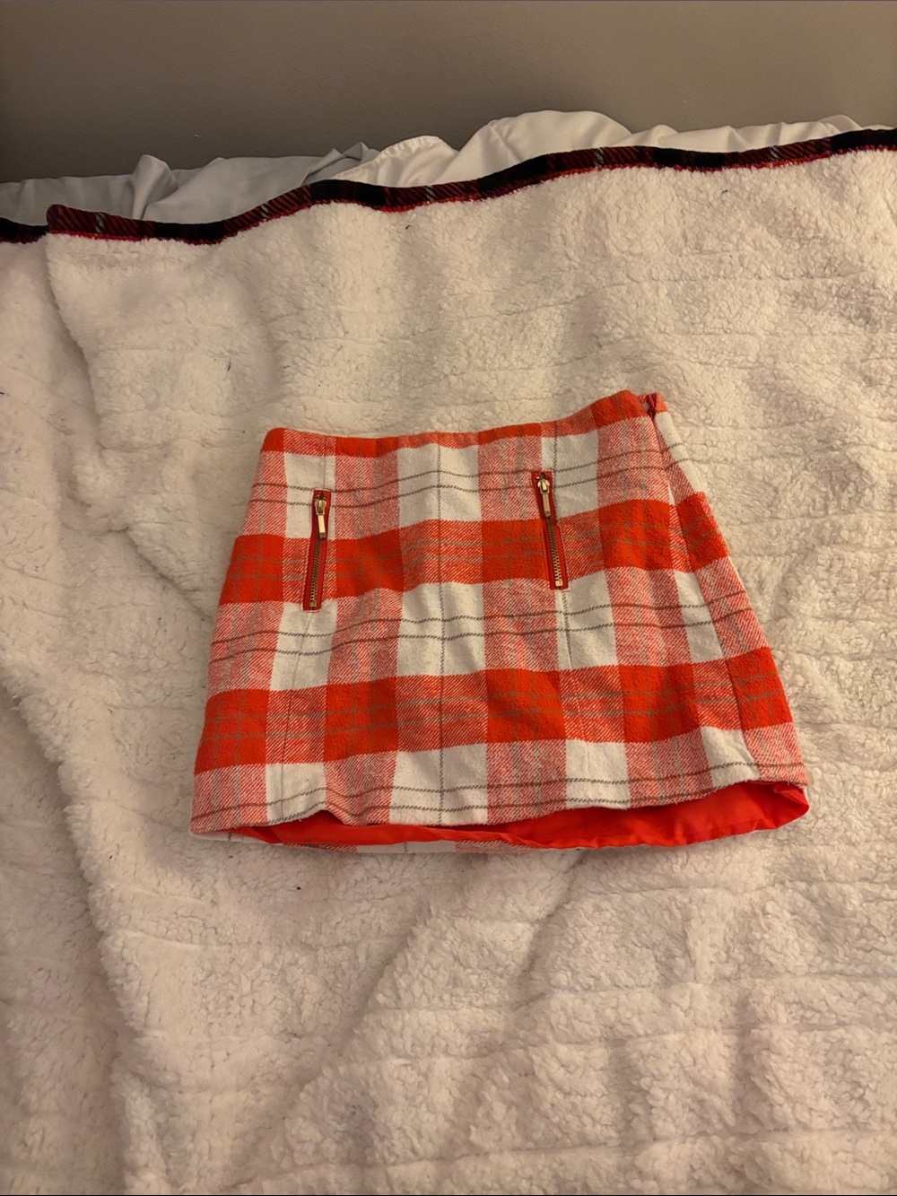 Orange Plaid Mini Skirt with Zip Pockets